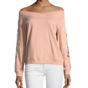 Rebecca Minkoff Macey Off Shoulder Embroidery Dusty Pink Sweatshirt